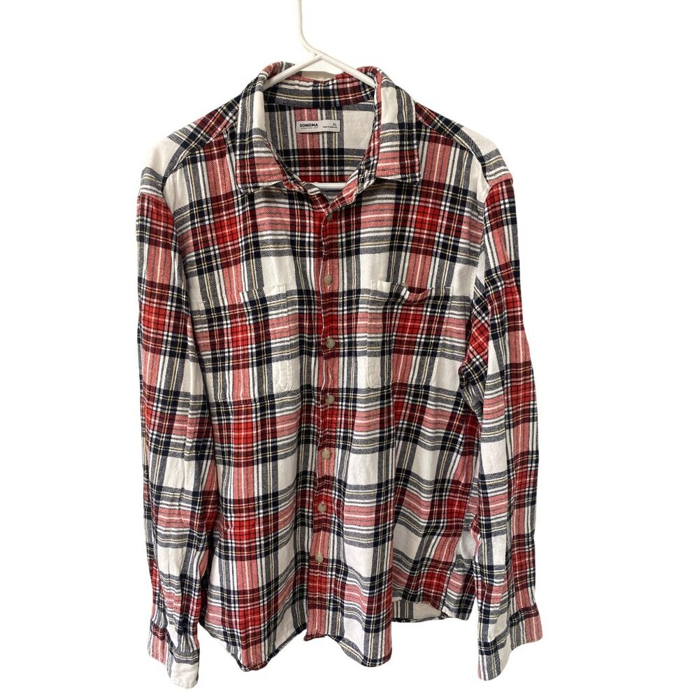 Sonoma Plaid Flannel Shirt XL Red/White/Black Cotton Blend Button-Up Long Sleeve - Picture 1 of 4